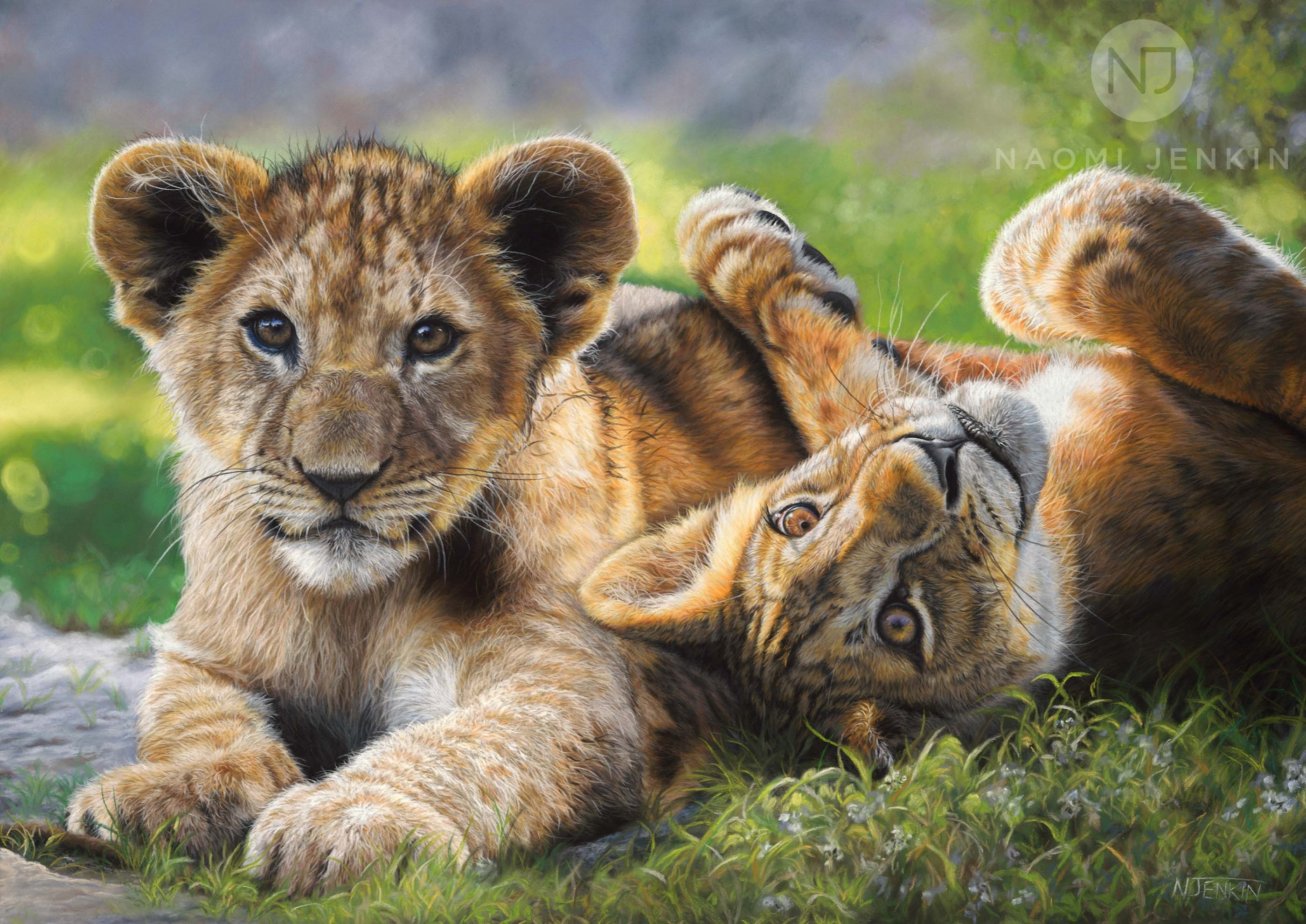 Lion cub painting by wildlife artist Naomi Jenkin.