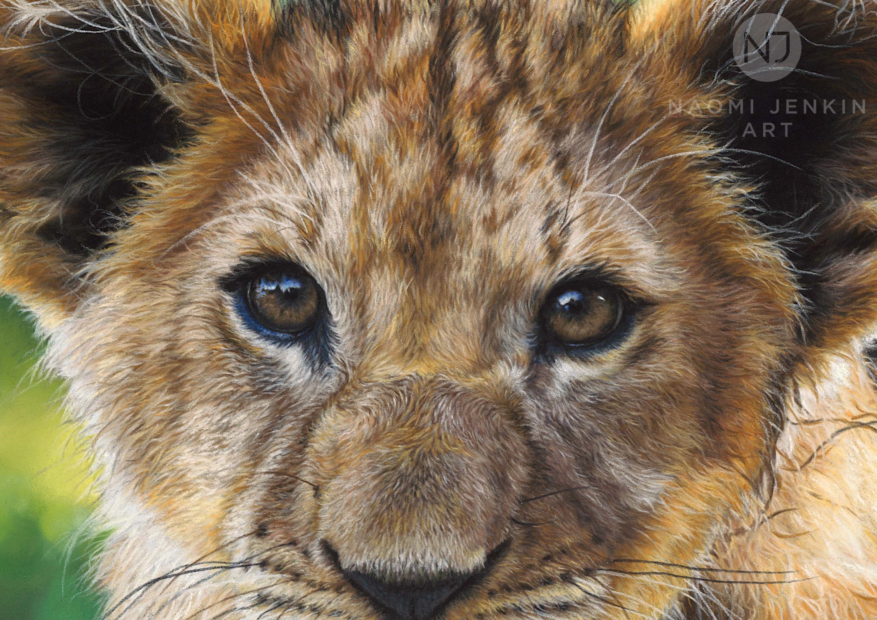 Close up of lion cub painting by wildlife artist Naomi Jenkin.