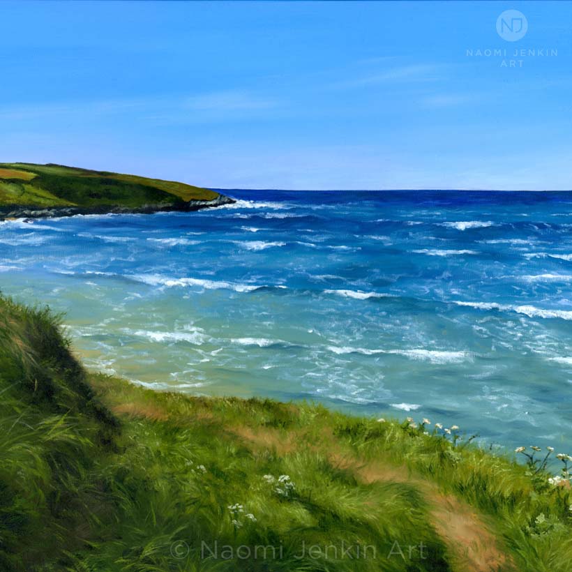 Seascape oil painting of Crantock coast path and poppies in Cornwall by artist Naomi Jenkin