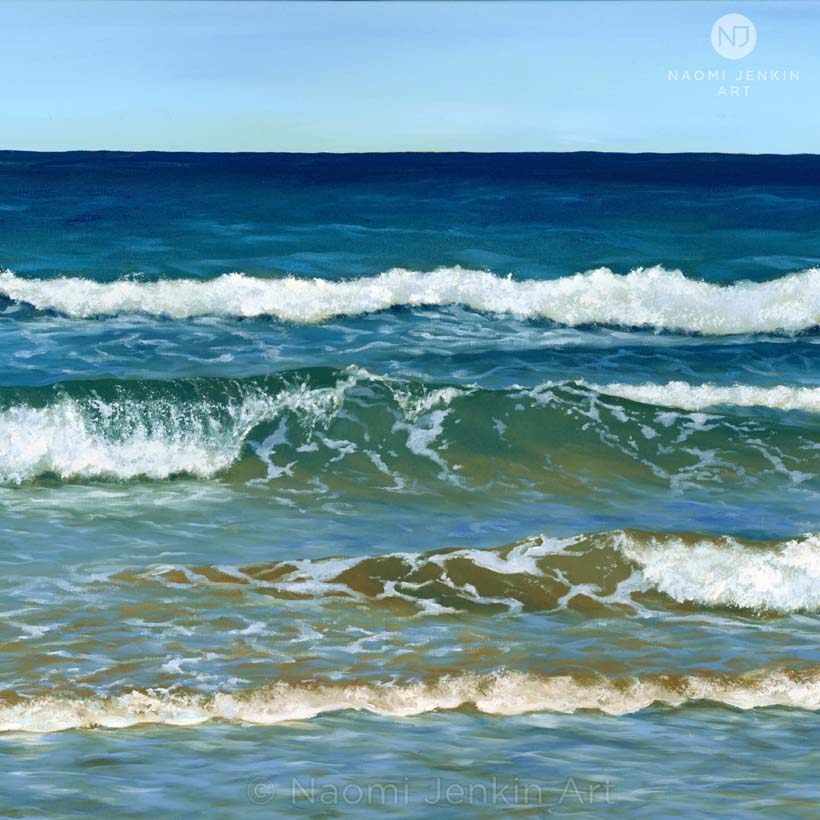 Calm seascape painting of small ocean waves by Cornwall seascape artist Naomi Jenkin. 
