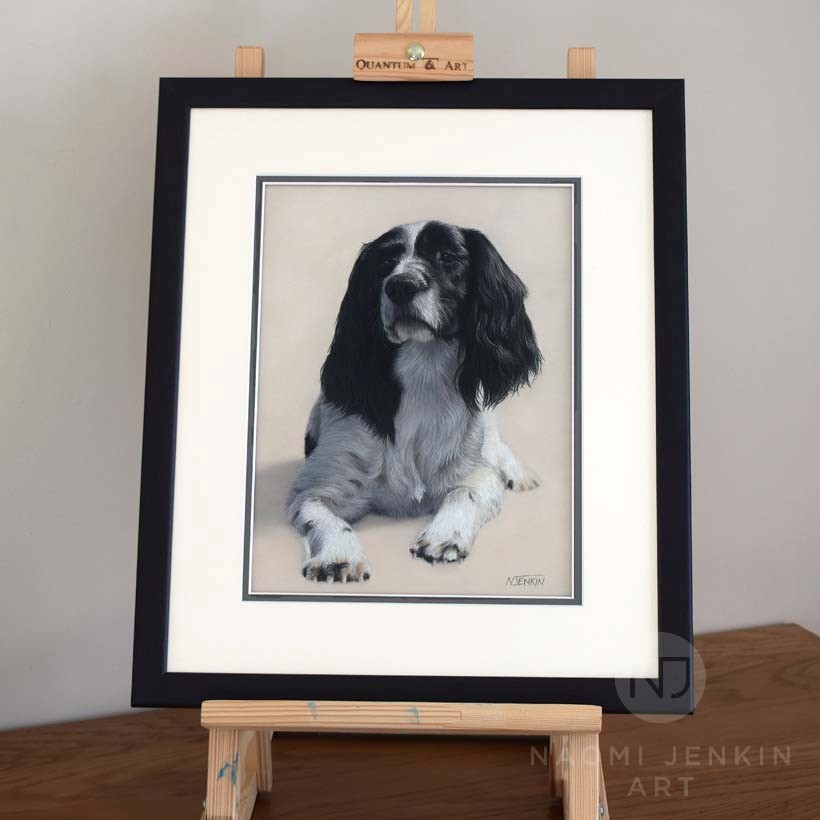 Framed dog portrait by pet portrait artist Naomi Jenkin Art. 