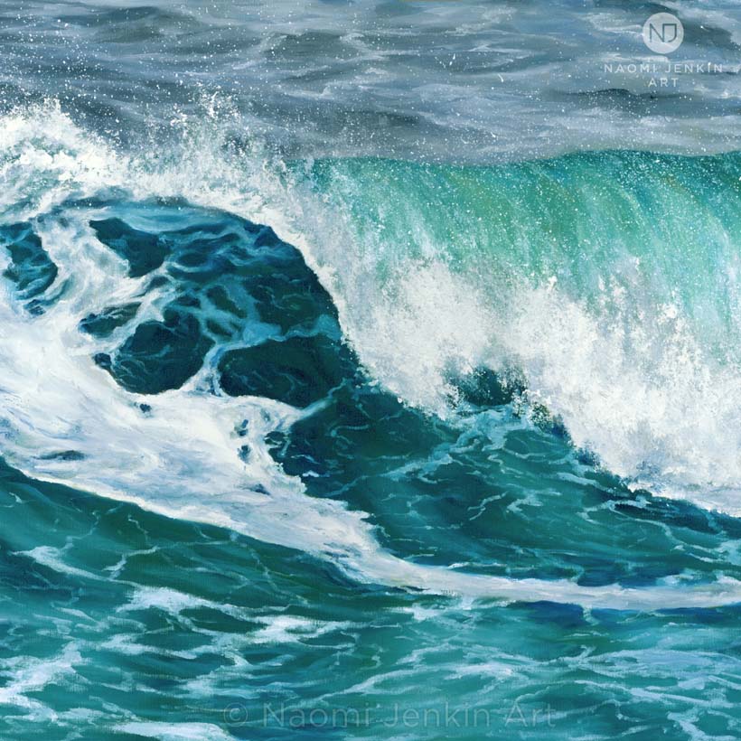 Painting of a turquoise breaking wave by Cornwall seascape artist Naomi Jenkin
