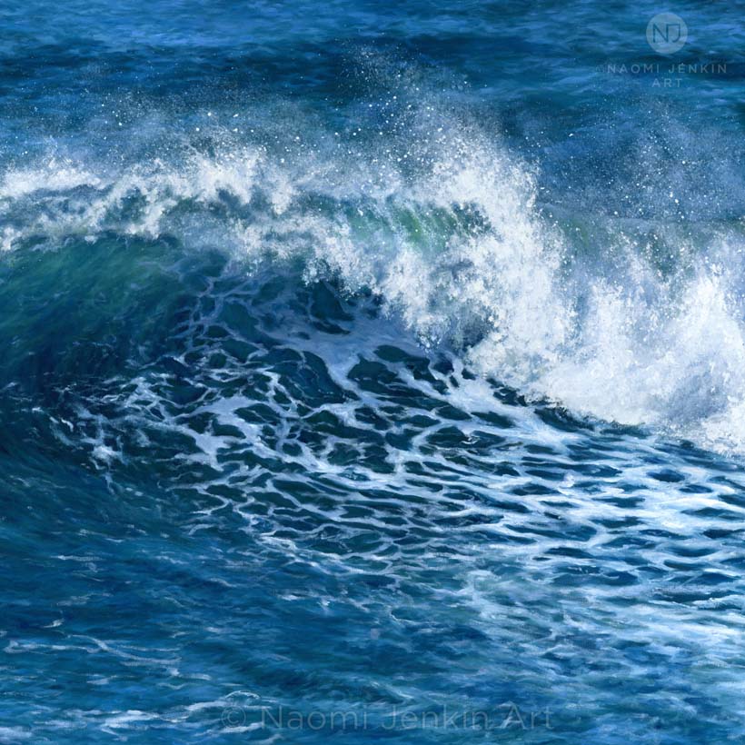 Stormy seascape painting of a breaking wave by Cornwall seascape artist Naomi Jenkin.