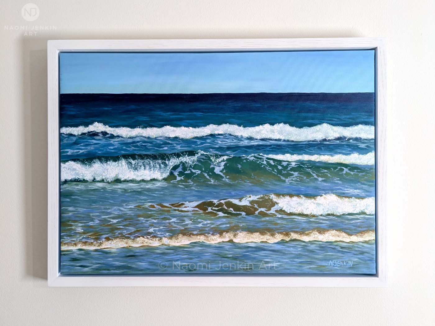 "At The Waters Edge" Seascape oil painting of waves rolling into shore painted in oils by Naomi Jenkin