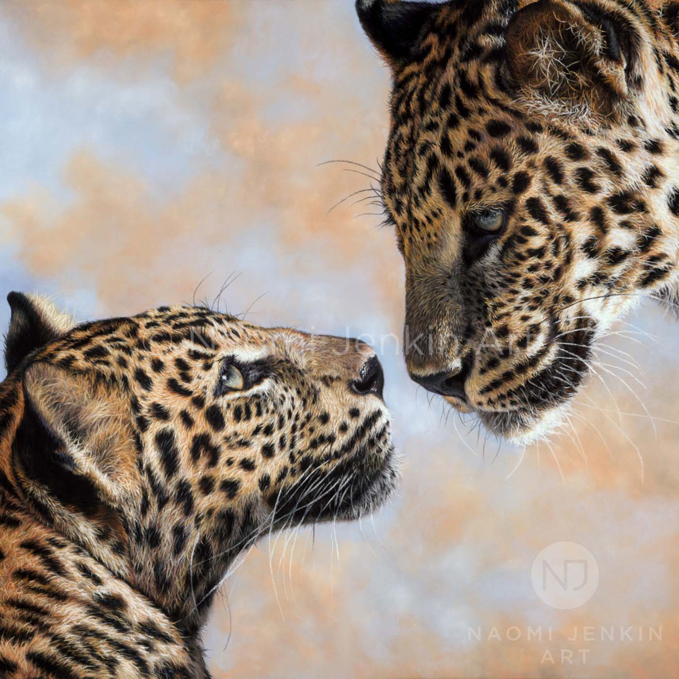 Wildlife art by Naomi Jenkin Art featuring two African leopards. 