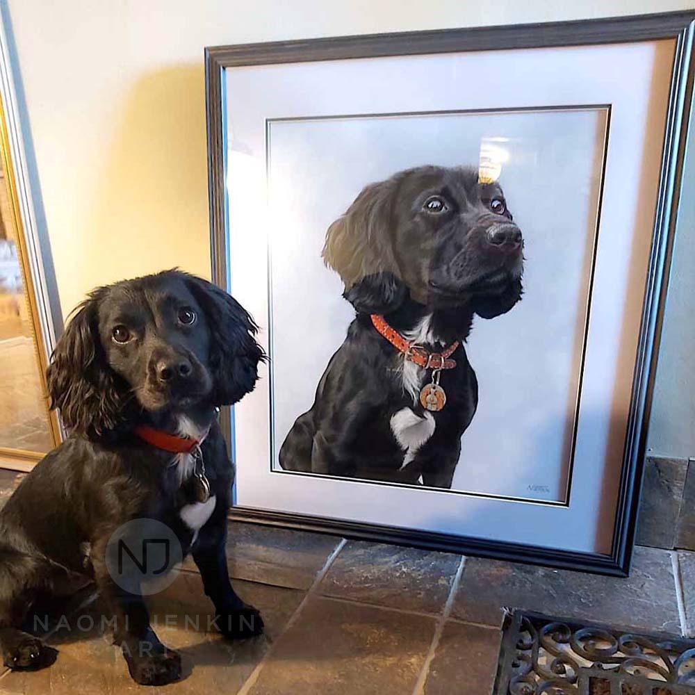 Mabel the cocker spaniel posing with her portrait