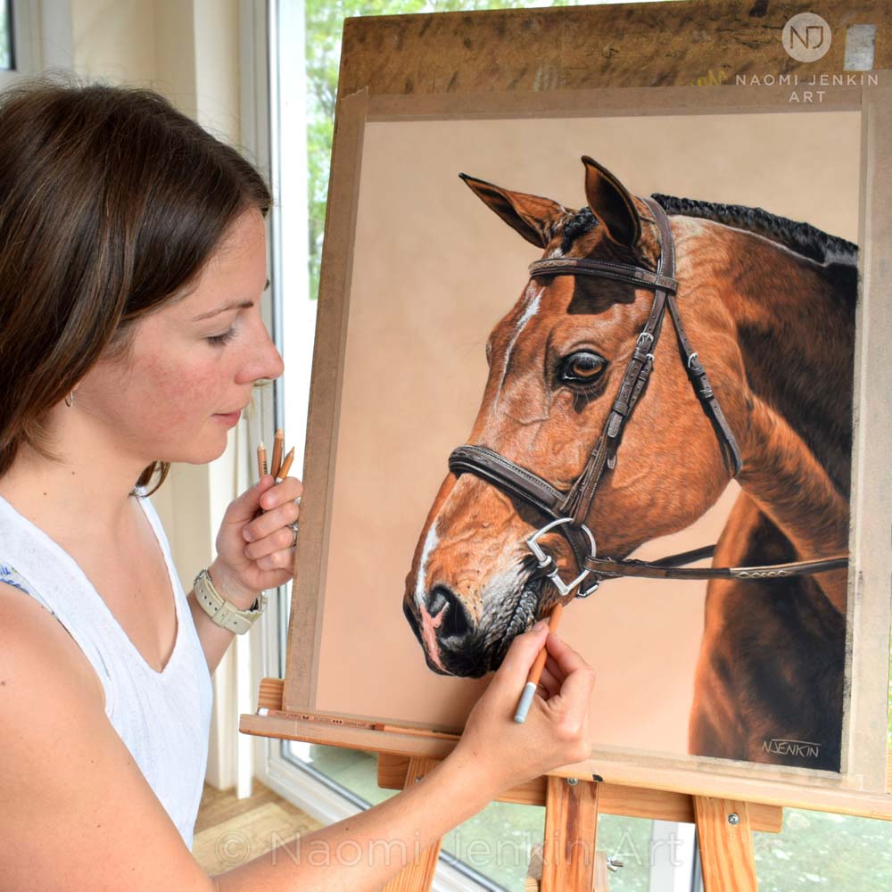 Pet portrait artist Naomi Jenkin drawing Tino the horse