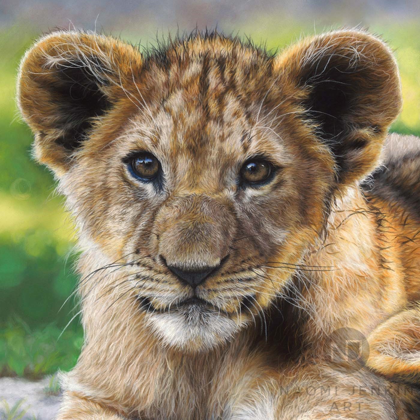 Lion painting by wildlife artist Naomi Jenkin. . 