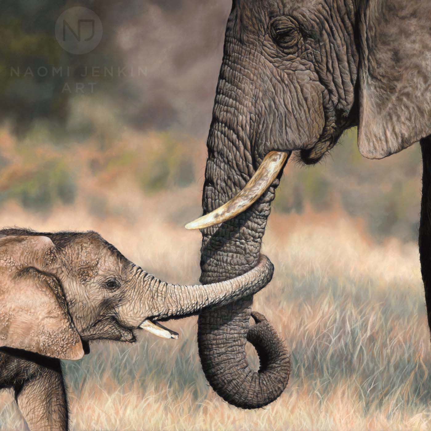 Elephant painting hand drawn in pastels by wildlife artist Naomi Jenkin.
