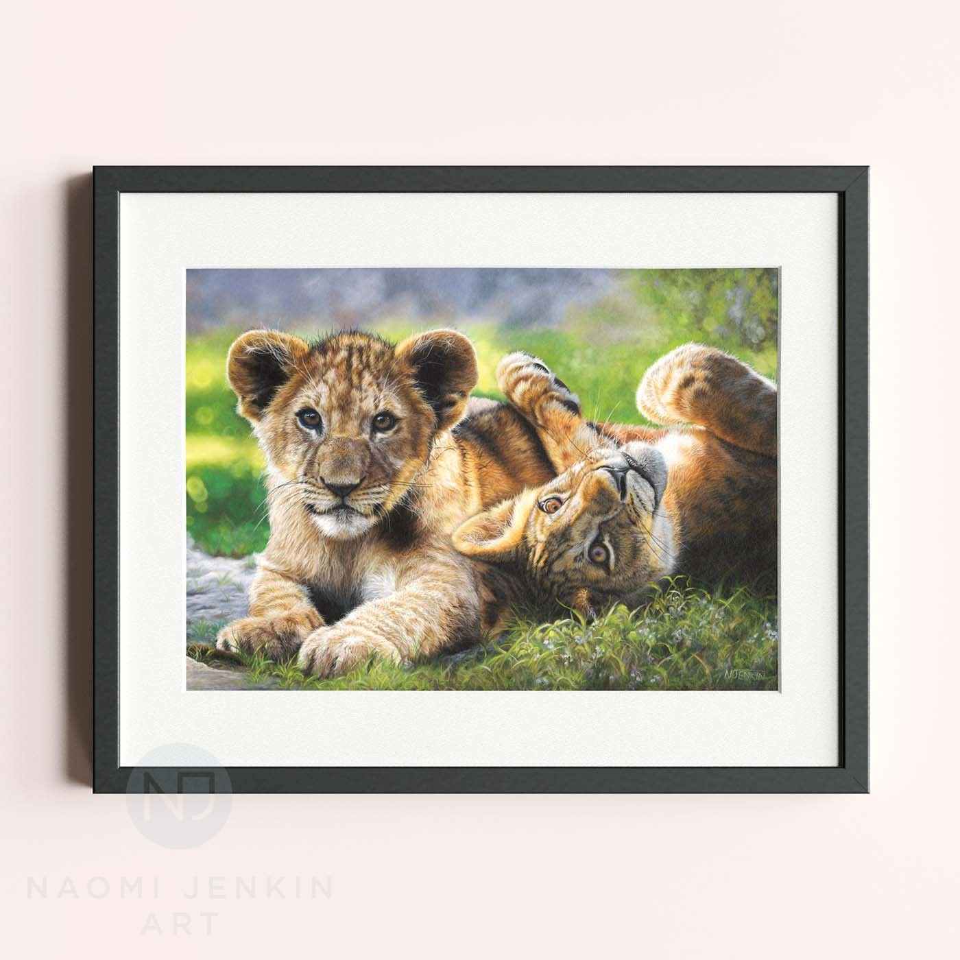 Lion art  prints of two cubs by wildlife artist Naomi Jenkin.
