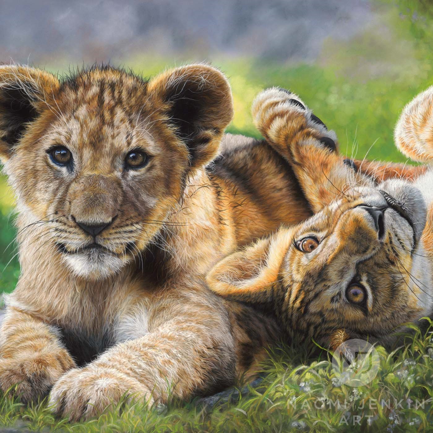 Painting of two young lion cubs by wildlife artist Naomi Jenkin. 