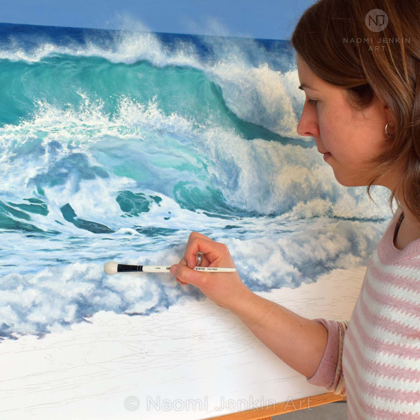 Cornwall Seascape artist Naomi Jenkin painting a breaking wave in oil paints