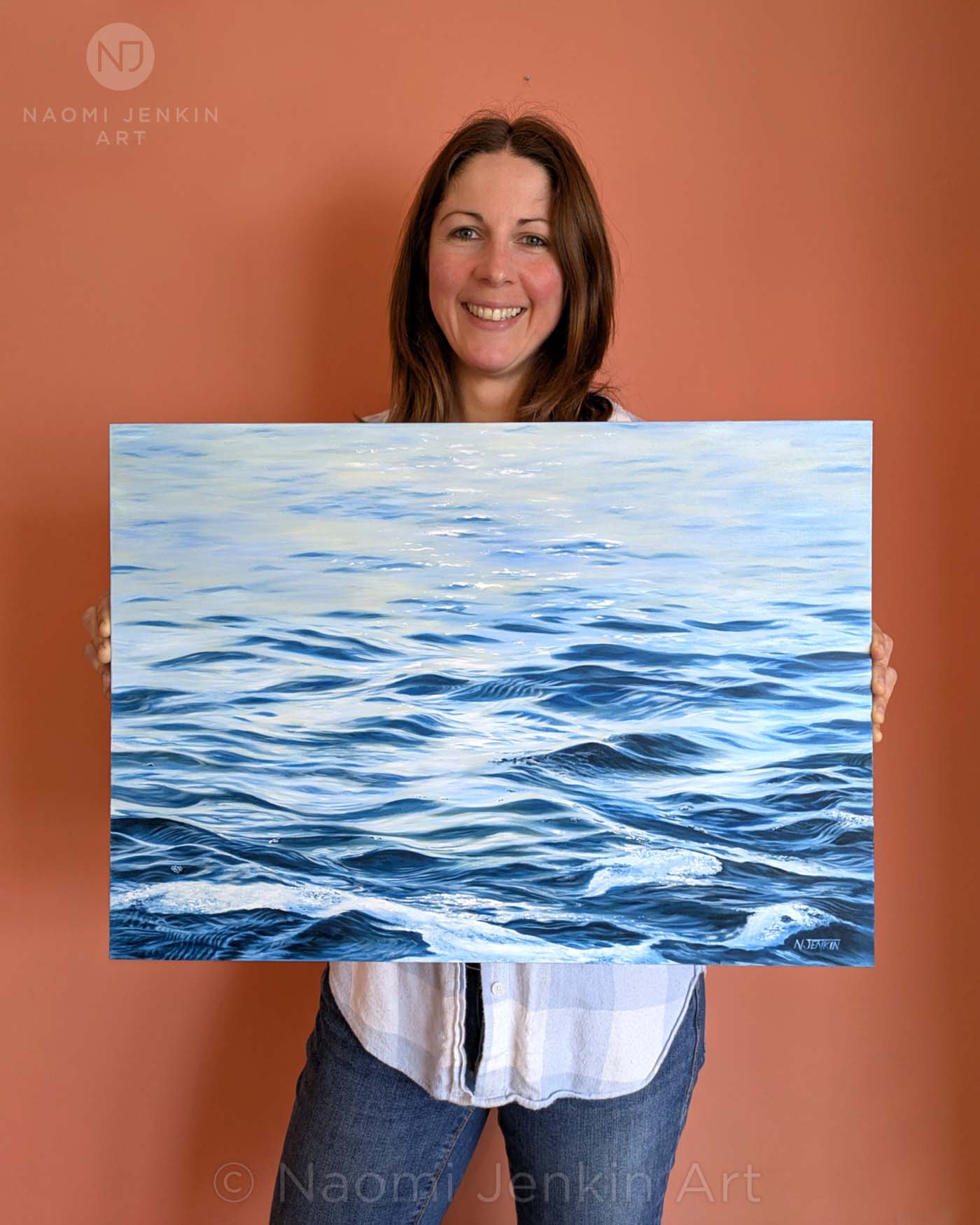 Cornwall seascape artist Naomi Jenkin with her calm ocean ripples oil painting 