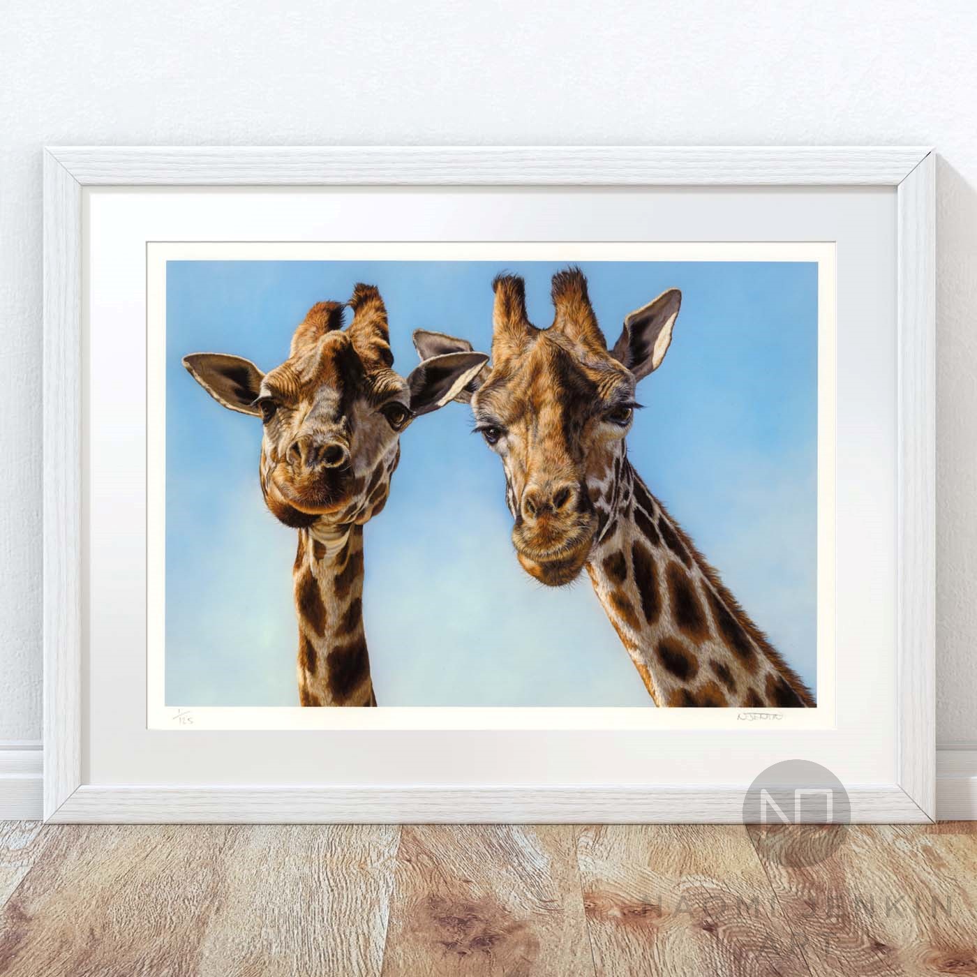 Framed giclee print of a giraffe painting by wildlife artist Naomi Jenkin.