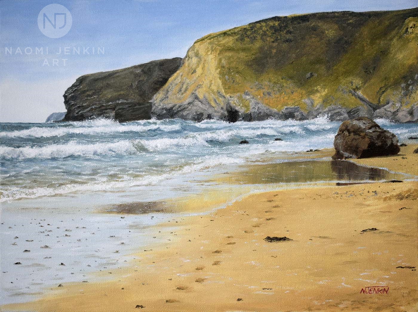 "A Stroll Along Watergate Bay" - oil painting Seascape painting "A Stroll Along Watergate Bay" by Naomi Jenkin