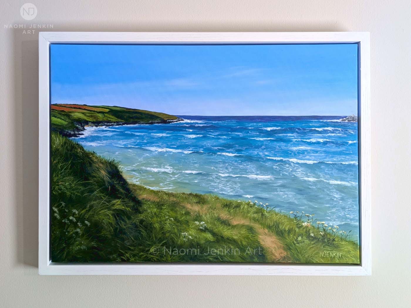 Framed coastal painting of Crantock bay, Cornwall by seascape artist Naomi Jenkin