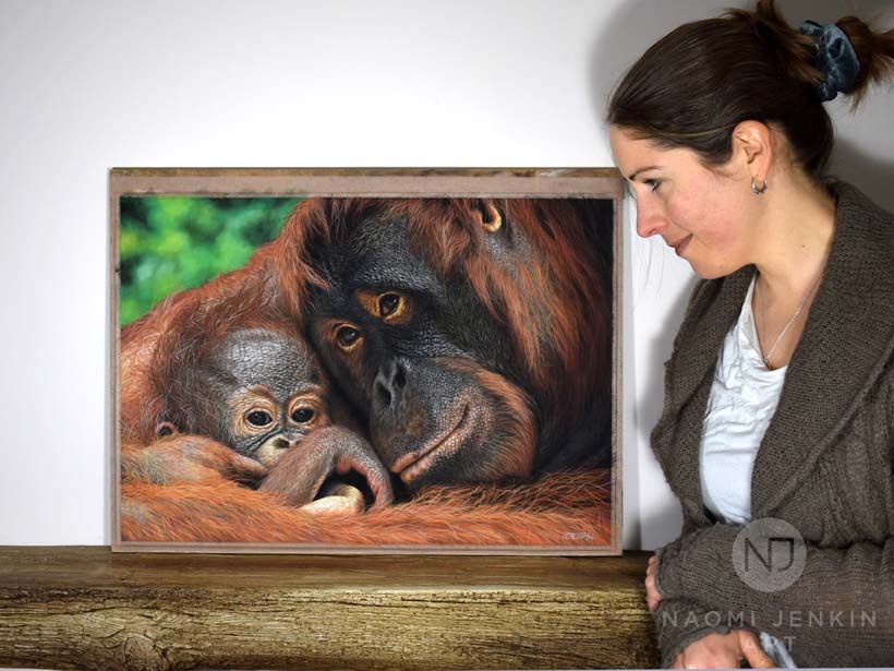 Wildlife artist Naomi Jenkin with orangutan painting. 