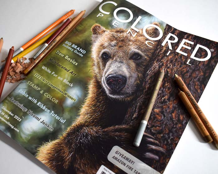 Grizzly Bear painting by wildlife artist Naomi Jenkin on the front cover of Colored Pencil Magazine December 2023.